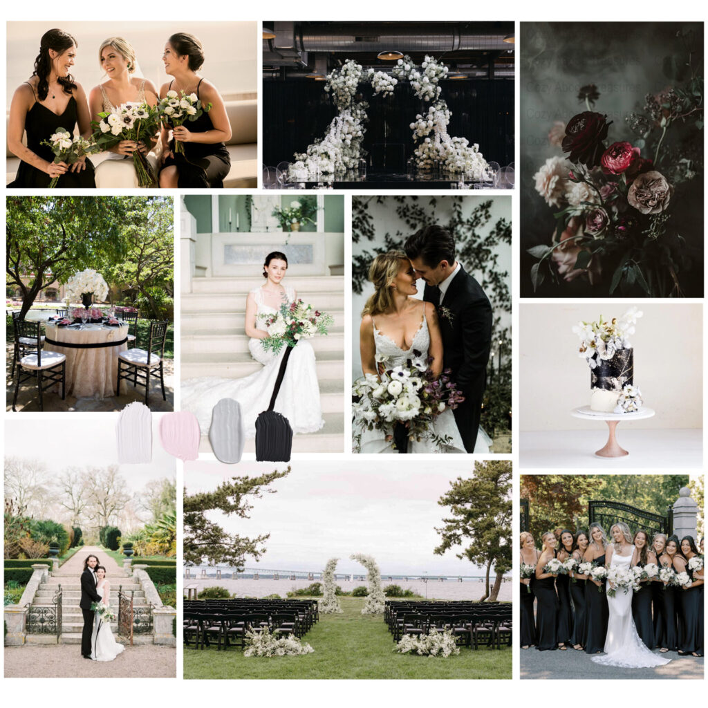 Wedding invitation moodboard with black and white editorial inspiration, Chanel-inspired style, and floral textures for Grand Hotel Tremezzo suite
