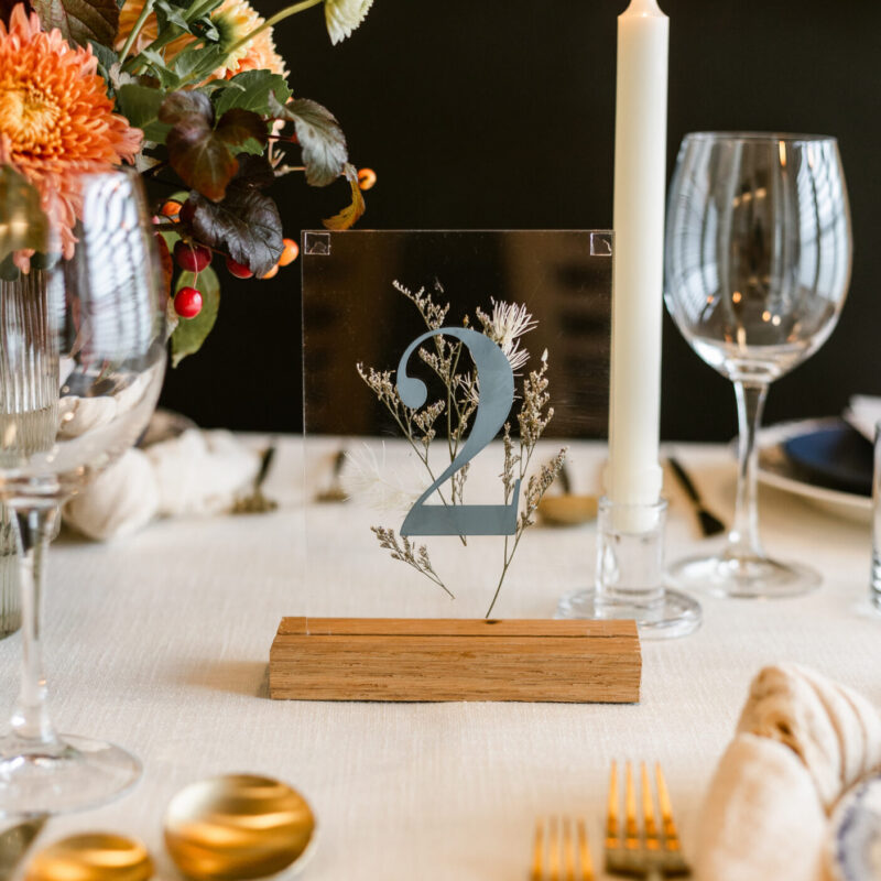 Acrylic table number with dried florals