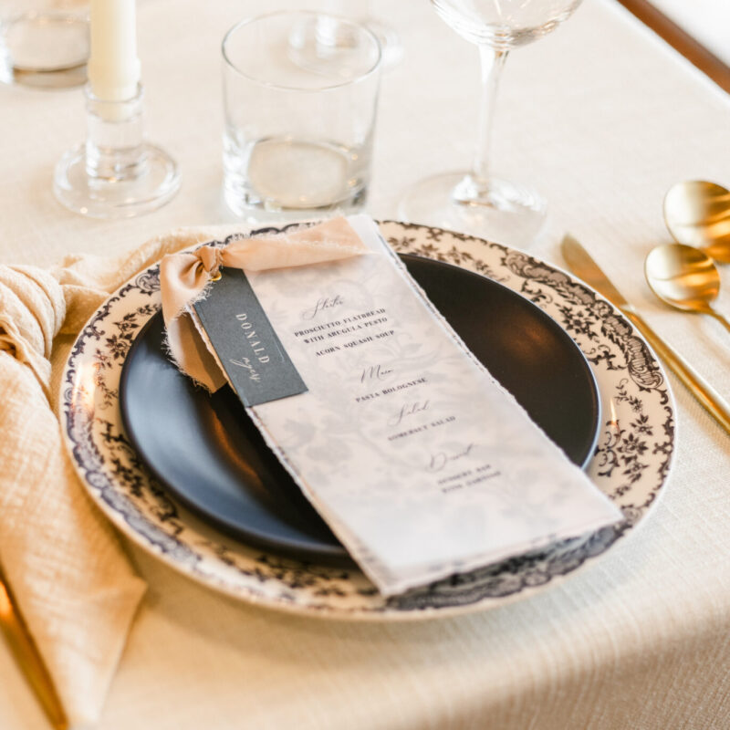 Layered menu Bridgeton inspired, with name tag and ribbon
