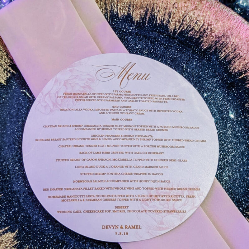 Round die cut menu Blossomed design