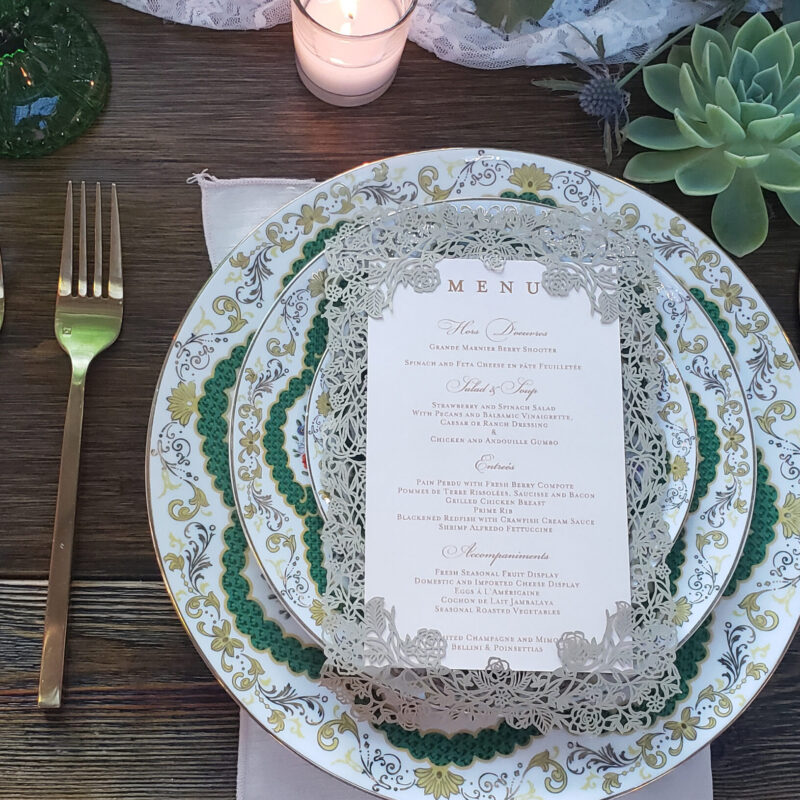 Gold Laser cut frame menu with floral design