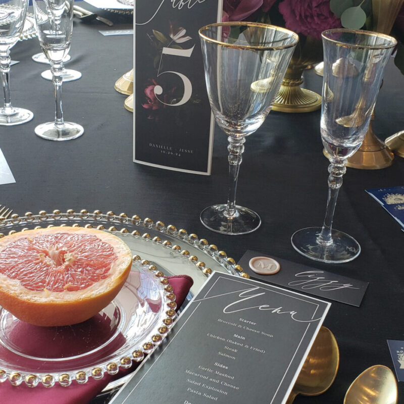 Modern Moody layered menu cards and table trifolds
