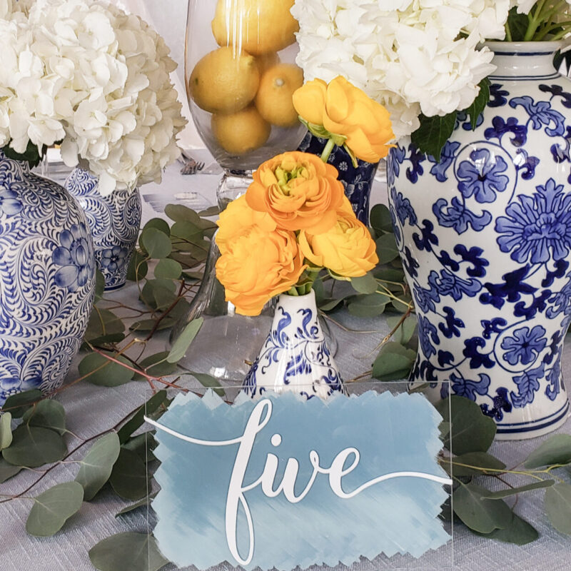 Acrylic table number with hand-painted backer