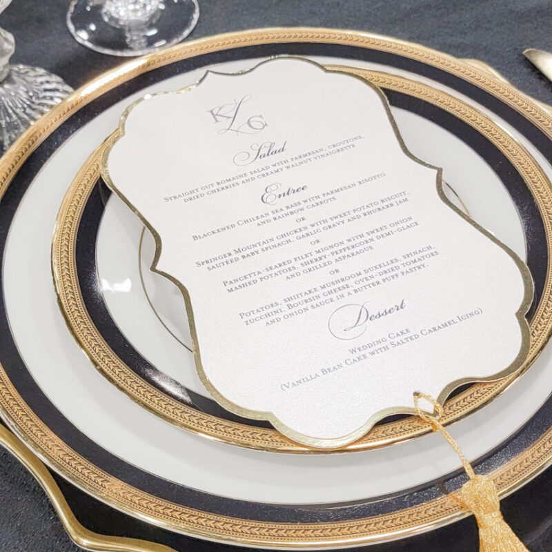Opulent layered diecut menu with gold tassel accent
