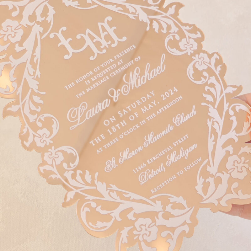 Custom cut gold mirror acrylic invite