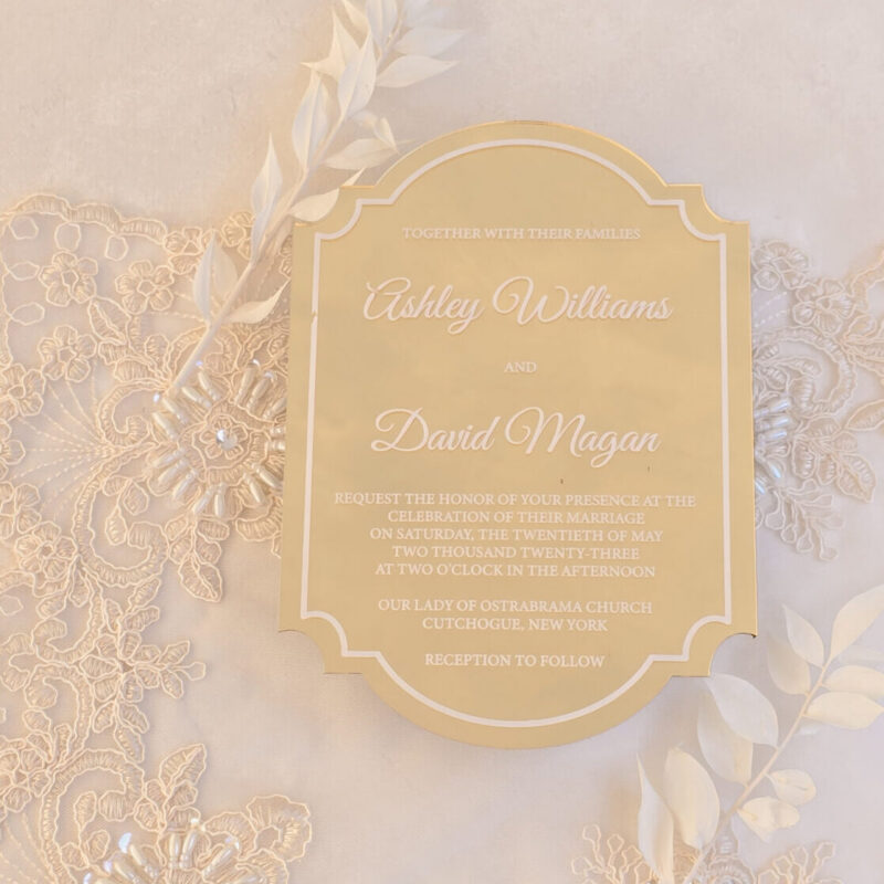 Vintage ornate cut acrylic invitation in gold mirror