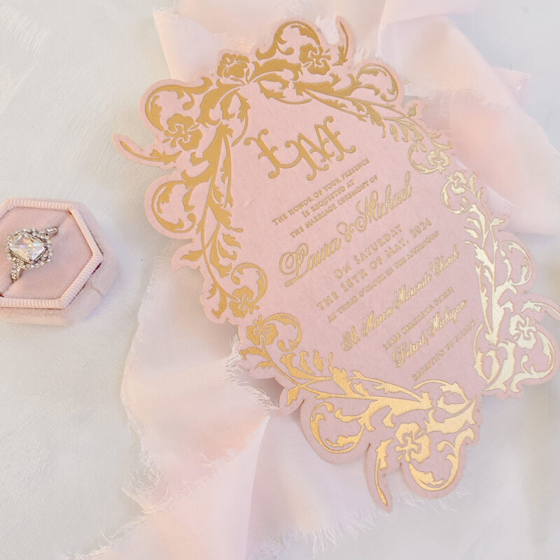 Die cut blush and gold foil invitation card