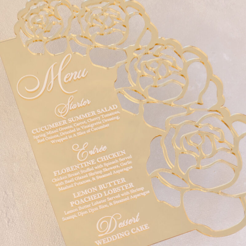 Gold acrylic custom cut menu with florals