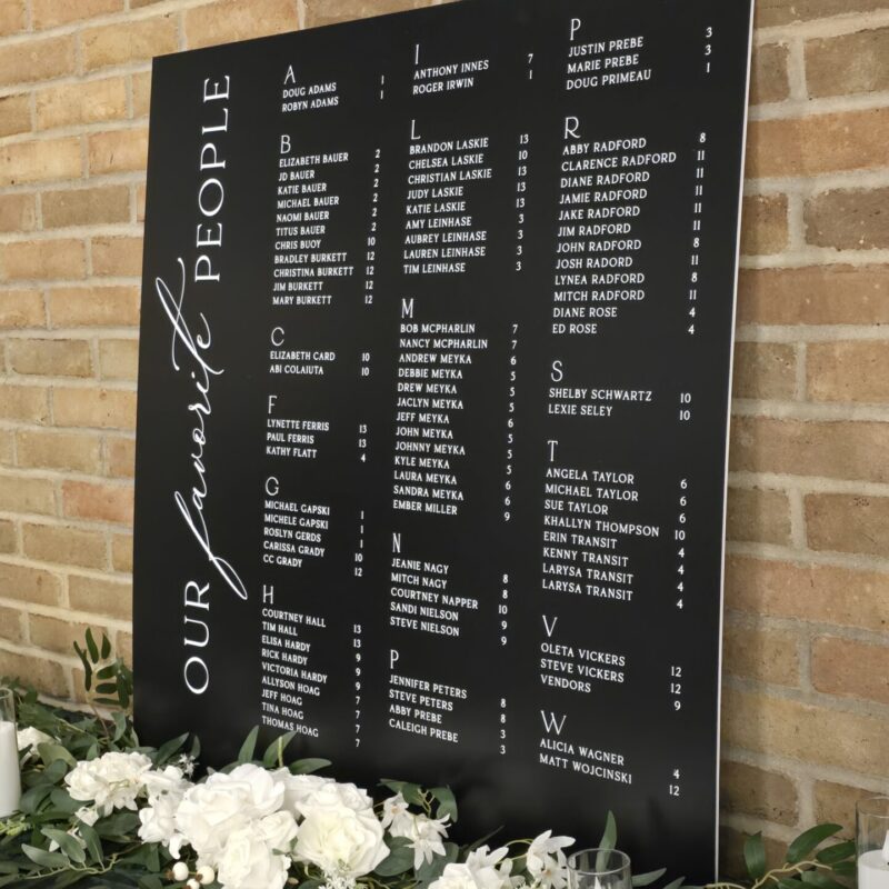 Black tabletop "our favorite people" seating chart