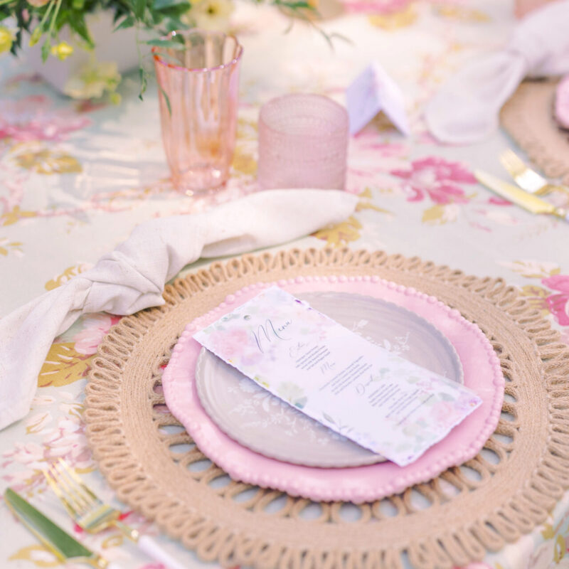 Whimsical garden menu with vellum layer