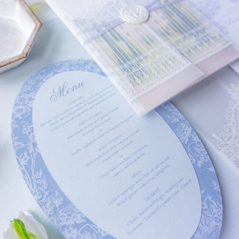 Custom layered oval die cut Italian menu