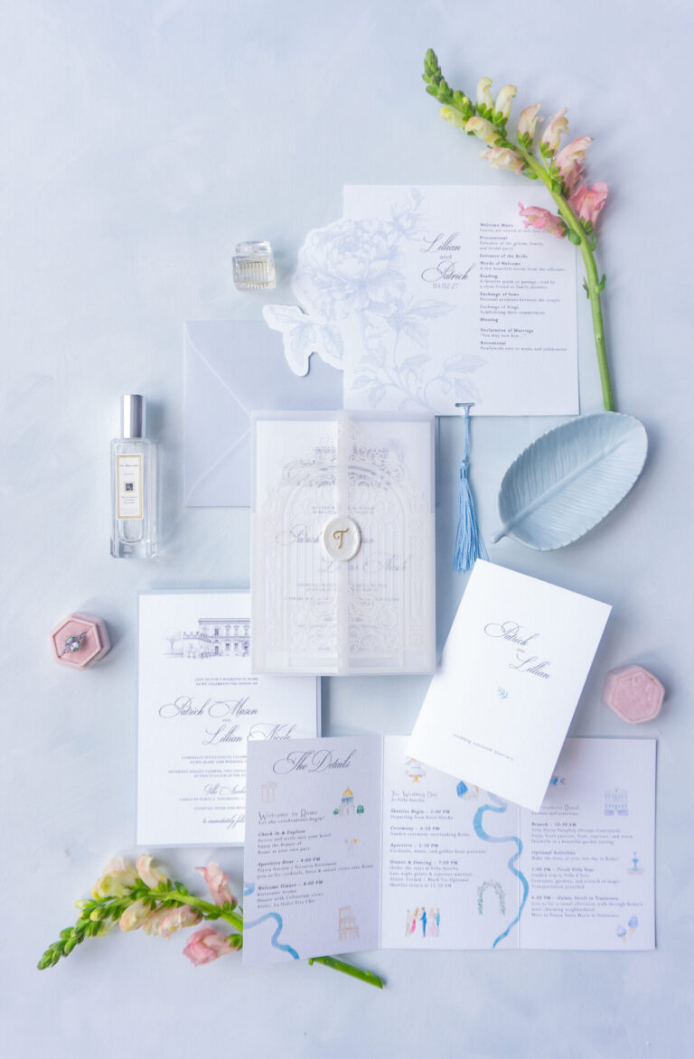 romantic blue wedding invitation suite with floral accents