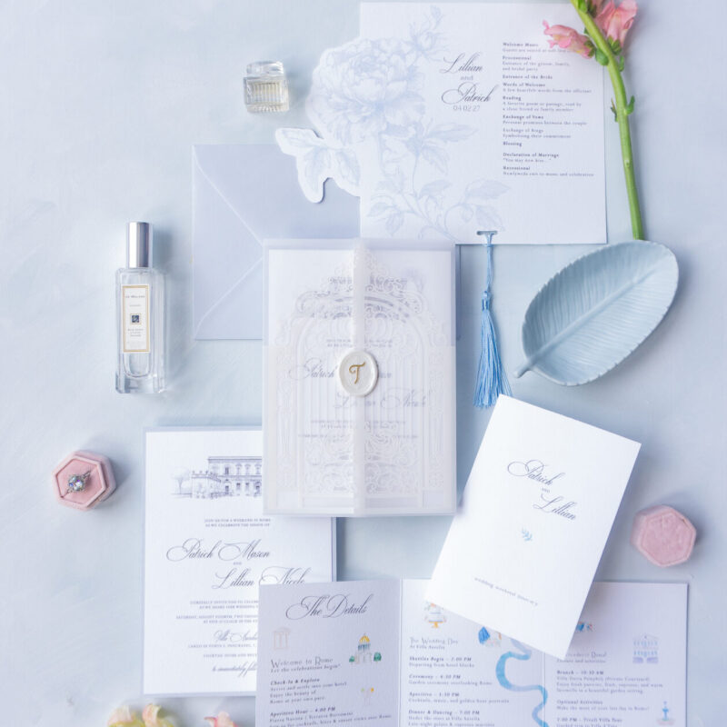 romantic blue wedding invitation suite with floral accents
