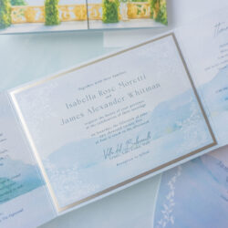 Italian wedding invitation suite with blue watercolor design