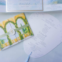Lake Como destination wedding stationery flat lay