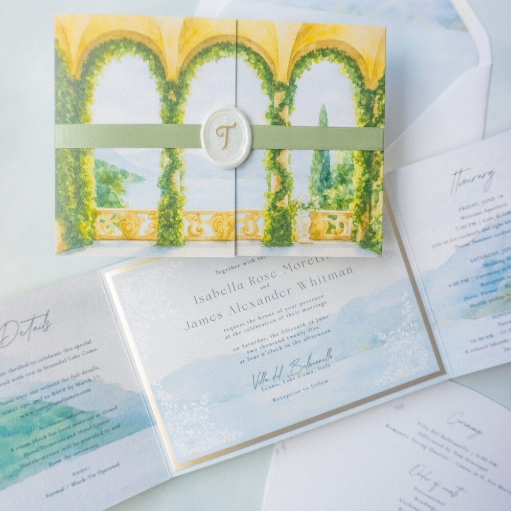gate folio wedding invitation inspired by Villa del Balbianello