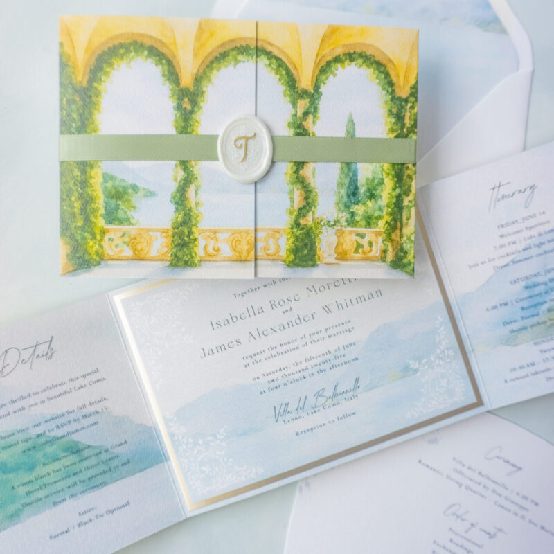 gate folio wedding invitation inspired by Villa del Balbianello