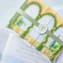 Italian destination wedding invitations in soft blue tones