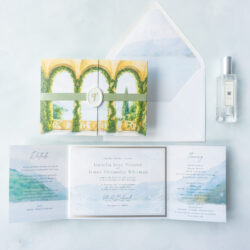 Luxury Italian wedding invitation suite with soft blue watercolor design