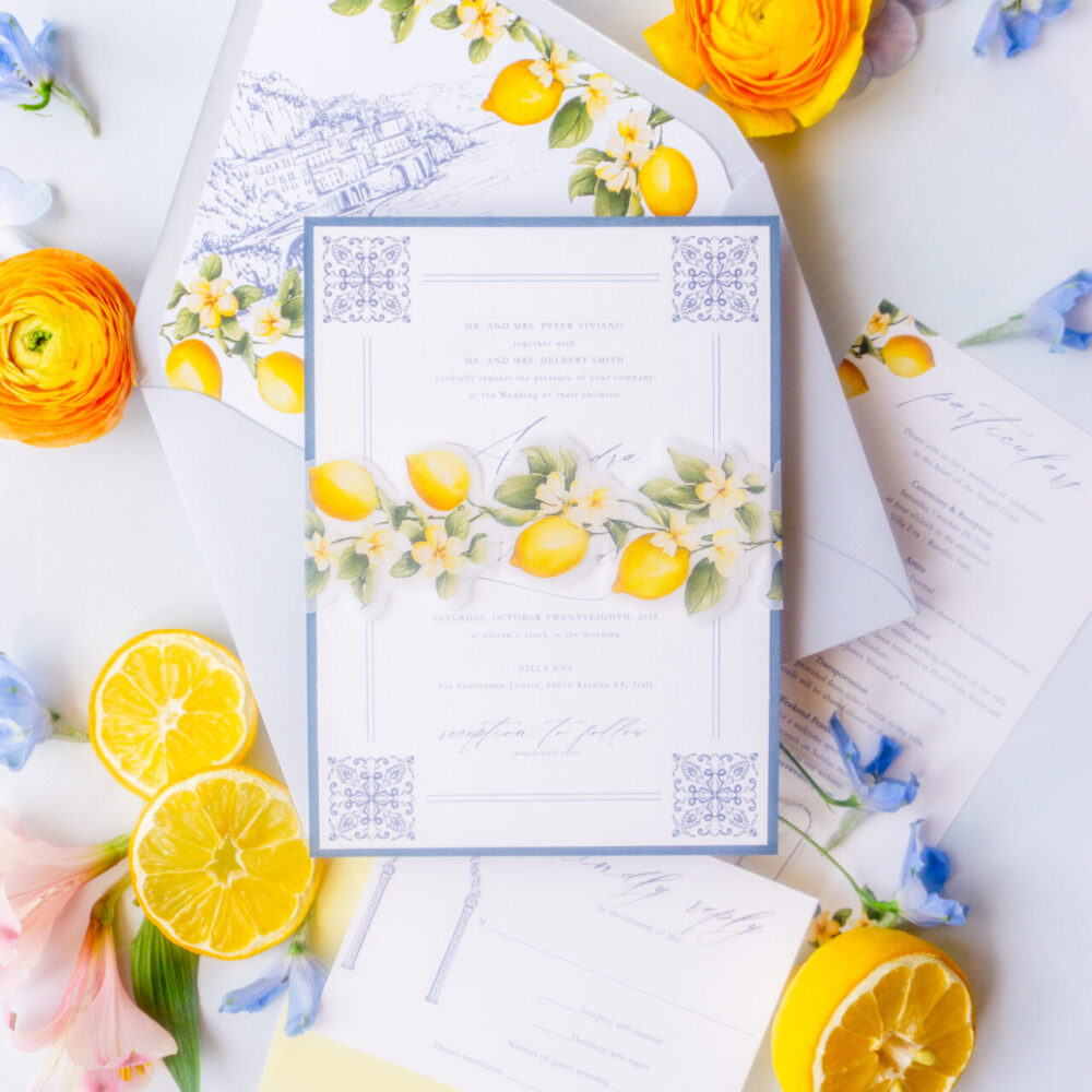 italian lemon wedding invitations with blue accents