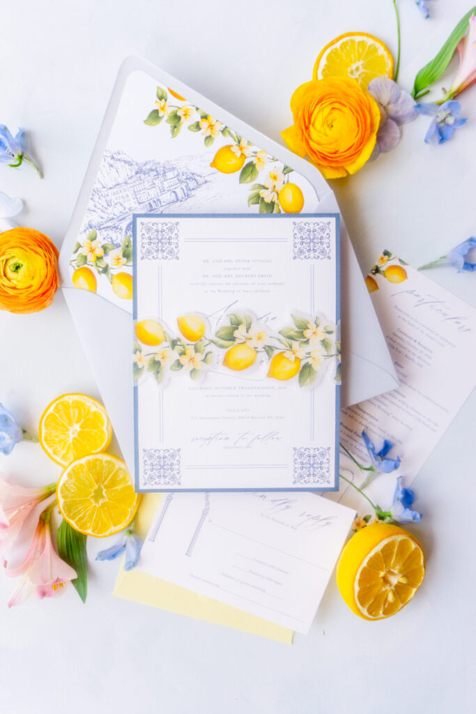 italian lemon wedding invitations with blue accents