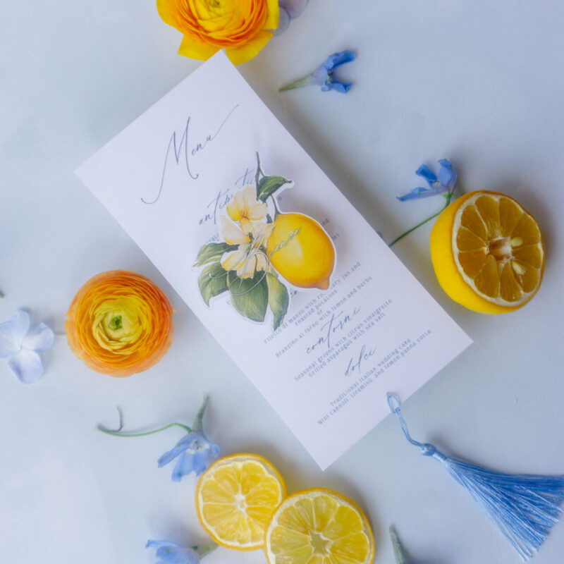 Menu with tassel and custom vellum die cut lemon name card