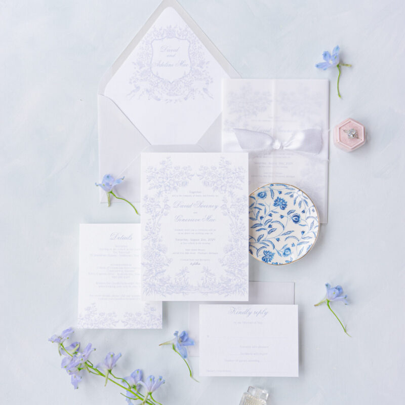 blue toile wedding invitation suite with floral illustration