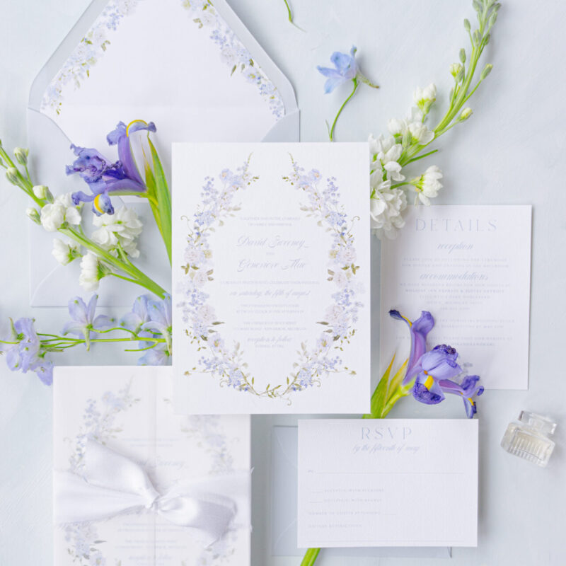 blue floral wreath wedding invitation suite with botanical details