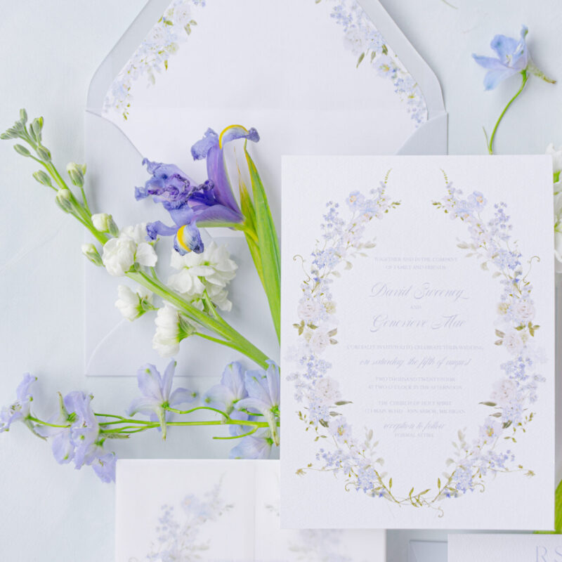 romantic botanical wedding invitation with vellum wrap