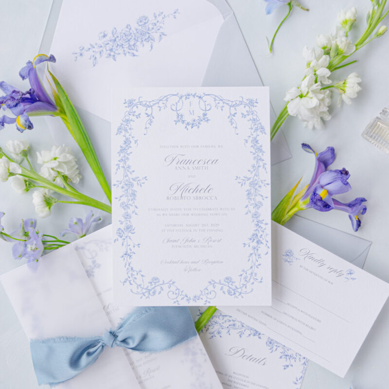 soft blue floral frame wedding invitation suite
