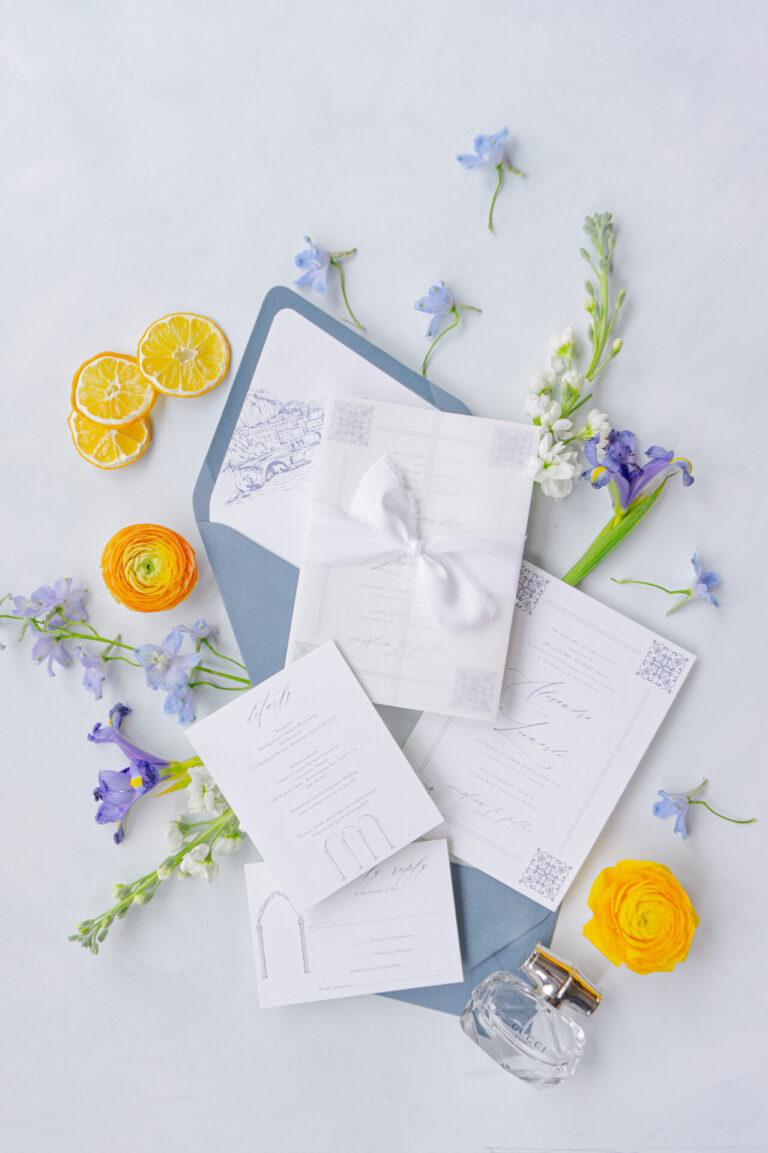 blue corner motif wedding invitation suite