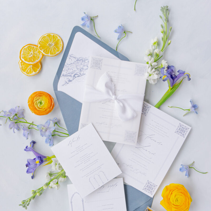 blue corner motif wedding invitation suite