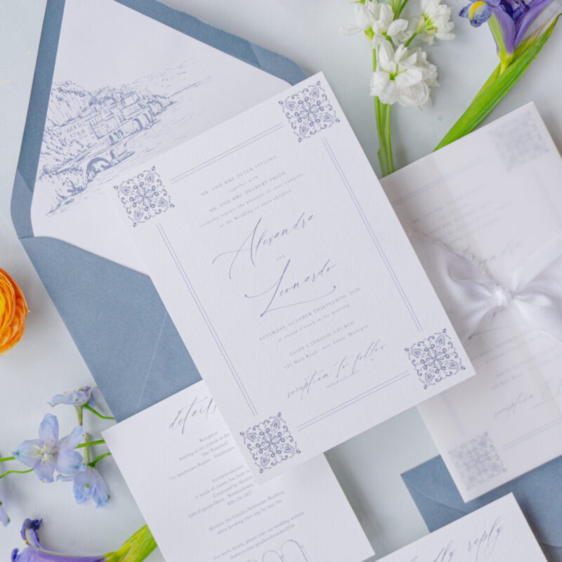 elegant minimalist wedding stationery with blue accents