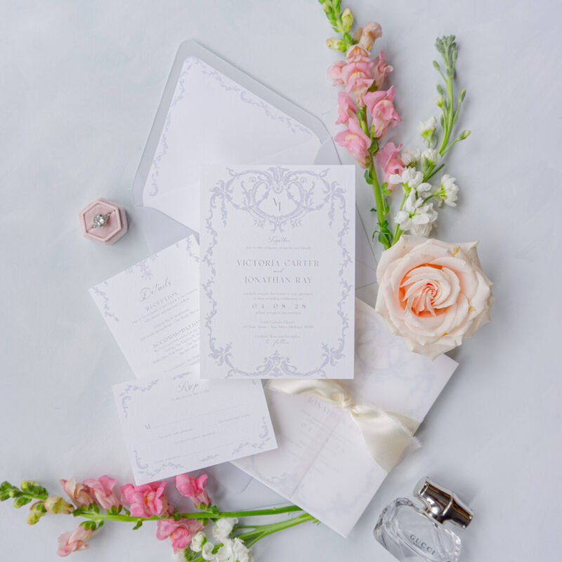 romantic crest wedding invitation suite with ornate detailing