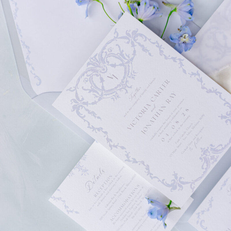 classic wedding invitation with vellum wrap and ivory ribbon