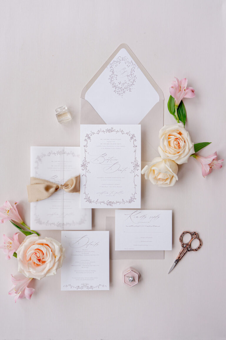 romantic wedding invitation with vellum wrap and ribbon