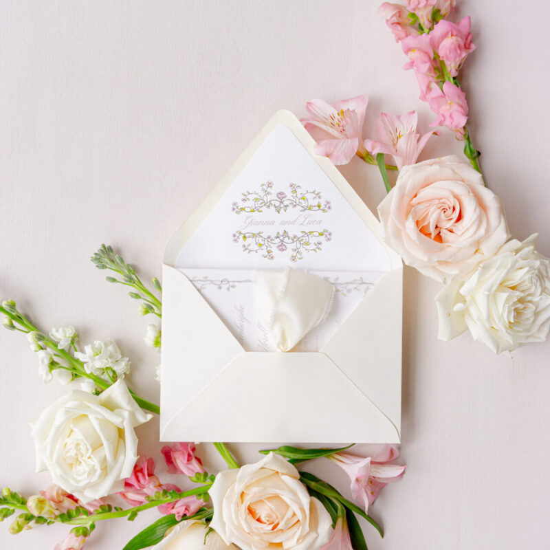 elegant floral wedding stationery with vellum wrap