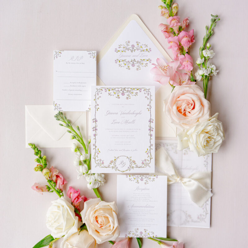 floral garland wedding invitation suite with botanical details
