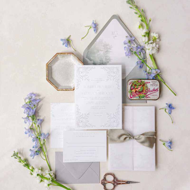 timeless wedding invitation suite in soft gray tones