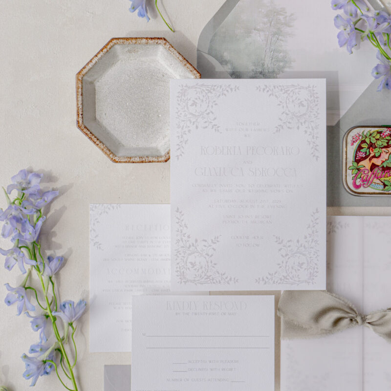 gray floral wedding invitation with botanical border