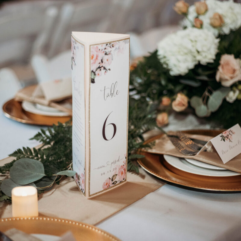 Floral trifold menu, thank you note and table number