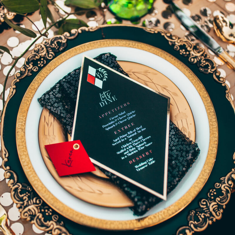 Whimsical Harley Quinn inspired die cut menu with name card
