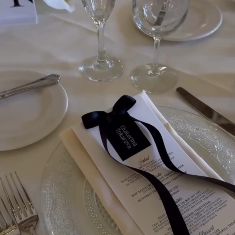 Modern ribbon with black bow and custom name card