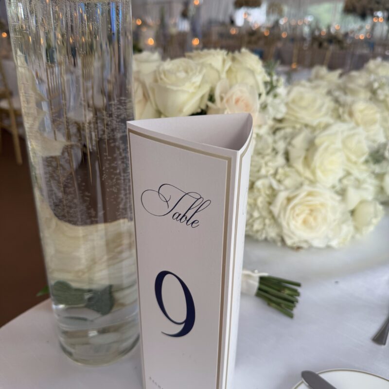 Elegant simple table trifold with table number, menu and thank you note